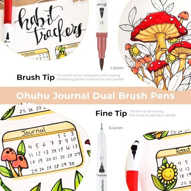 Ohuhu Σετ 100 Μαρκαδόροι νερού Διπλής Μύτης Brush - Fineliner