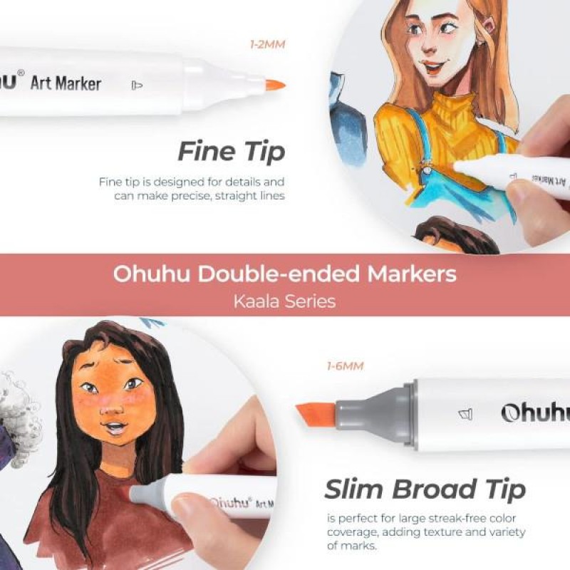 Ohuhu Art Markers Σετ 24 Μαρκαδόροι Διπλής Μύτης σε Κασετίνα Skin Tones