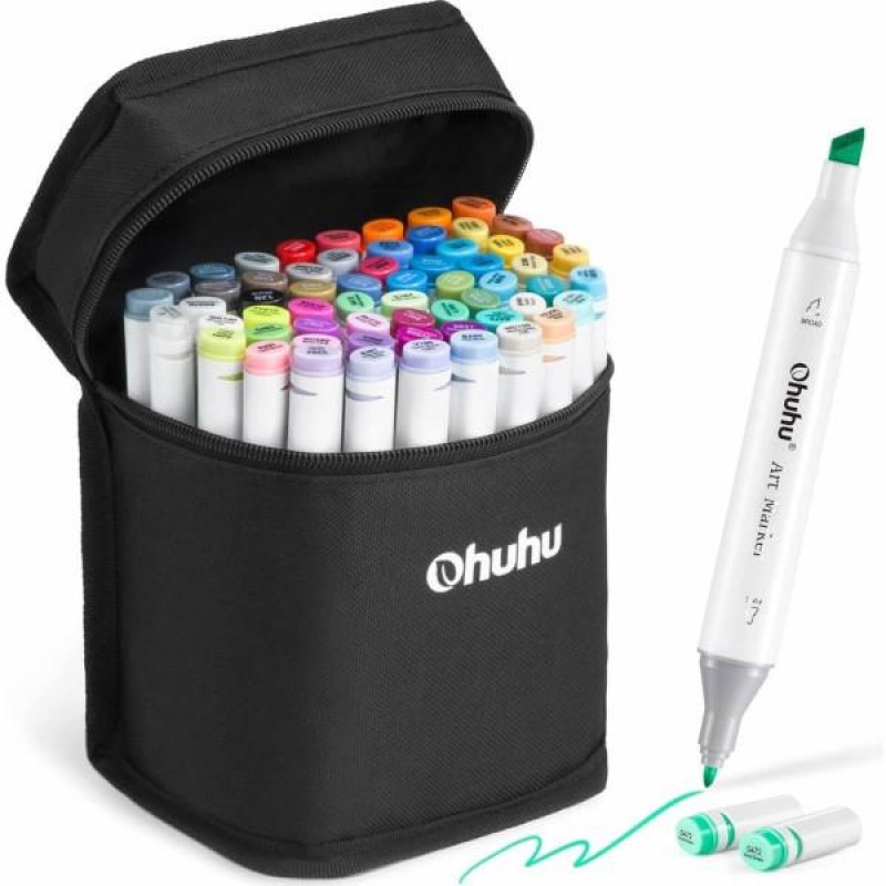 Ohuhu Art Markers Σετ 60 Μαρκαδόροι Διπλής Fine-Chisel Μύτης σε Κασετίνα