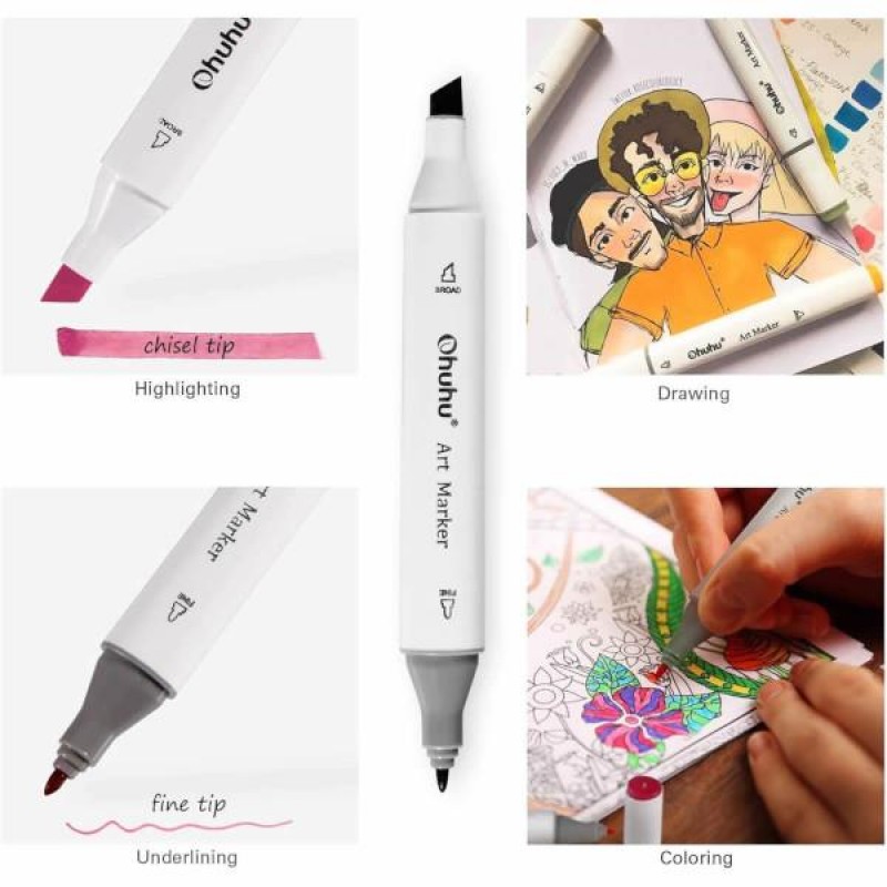 Ohuhu Art Markers Σετ 60 Μαρκαδόροι Διπλής Fine-Chisel Μύτης σε Κασετίνα