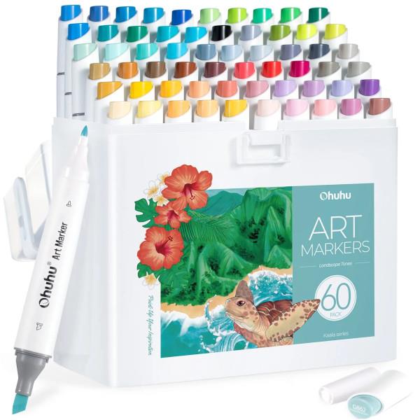 Ohuhu Σετ 60 Μαρκαδόρων Οινοπνεύματος Kaala Με Διπλή Μύτη Λεπτή - Πλακέ Landscape