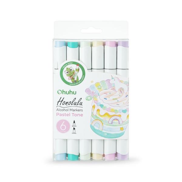 Ohuhu Σετ 6 Μαρκαδόρων Οινοπνεύματος Honolulu Με Διπλή Μύτη Πινέλο-Πλακέ Pastel Tones