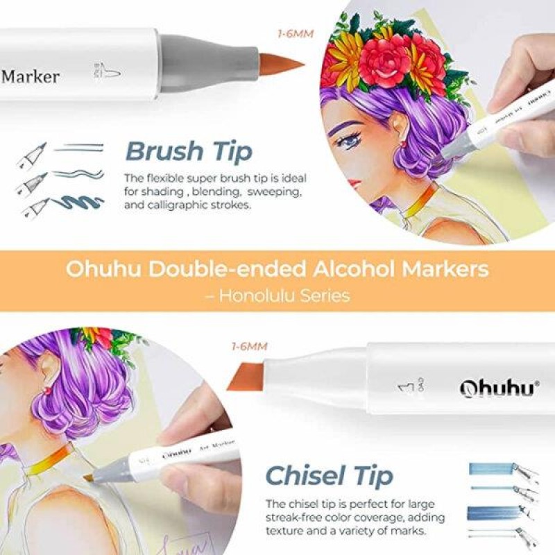 Ohuhu Honolulu Alcohol Art Markers Σετ 120 Μαρκαδόρων Brush - Chisel