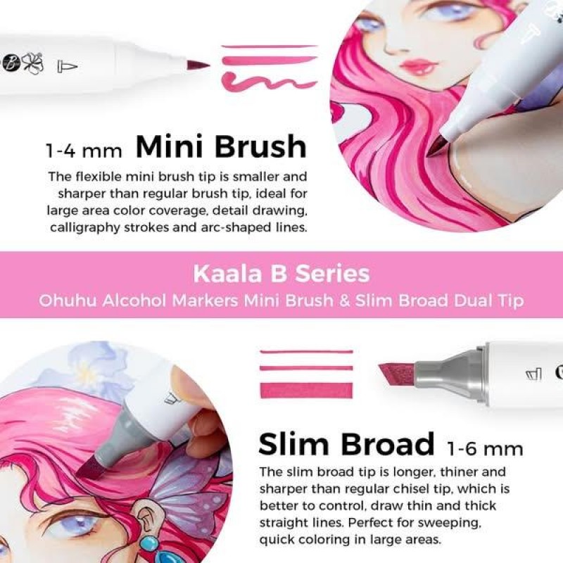 Ohuhu Kaala Alcohol Markers Σετ 60 Χρωμάτων Slim Chisel - Mini Brush