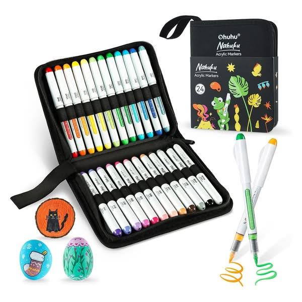 Ohuhu Σετ 24 Ανεξίτηλων Ακρυλικών Μαρκαδόρων Nahuku Με Μύτη Πινέλο