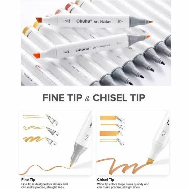 Ohuhu Art Markers Σετ 120 Μαρκαδόροι Διπλής Fine-Chisel Μύτης σε Κασετίνα