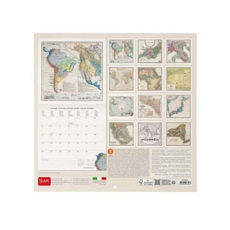 Legami 2026 Wall Calendar - Vintage Maps - 30x29cm