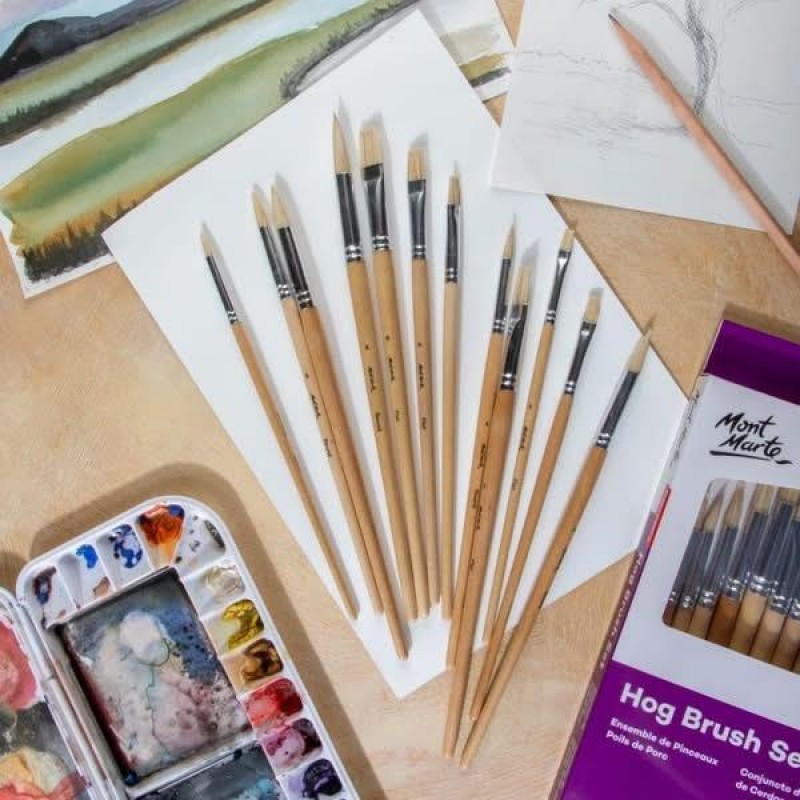 Mont Marte Σετ 6 Στρογγυλα + 6 Πλακέ Πινέλα Τρίχας Χοίρου