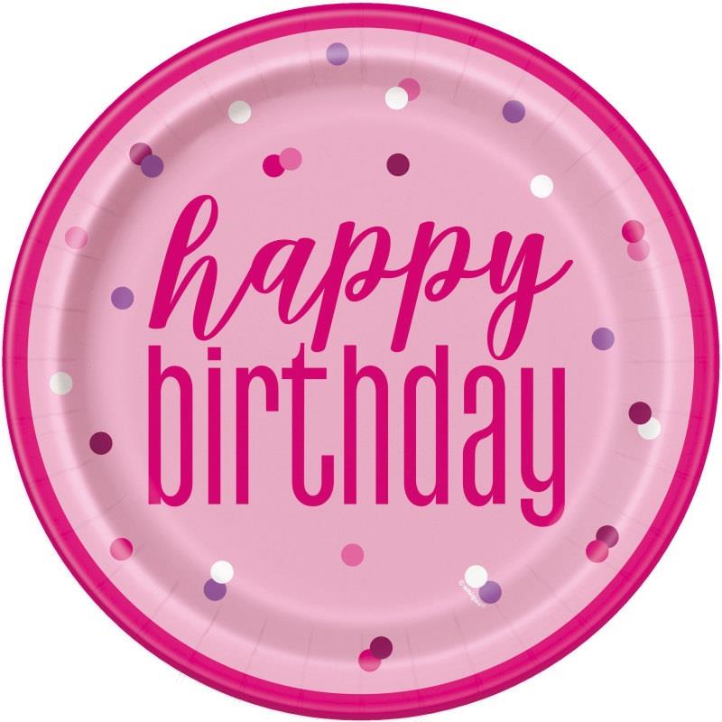 Στρογγυλά Πιάτα Φαγητού Ρόζ - Ασημί Πουά  Happy Birthday 23cm 8τεμ