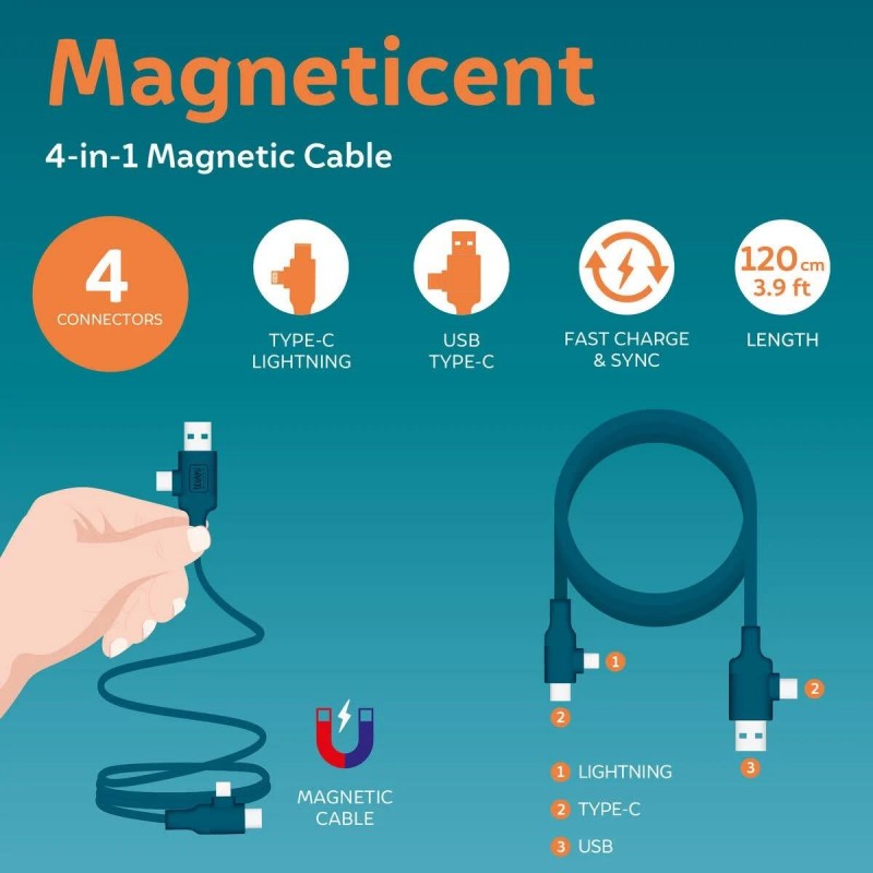Legami Magnetic 4-in-1 Charging and Synchronisation Cable - Petrol