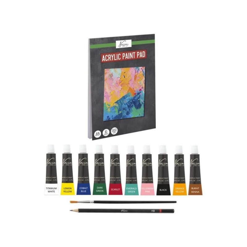 Nassau 10 Ακρυλικά Χρώματα των 12ml με Μπλοκ και Πινέλο