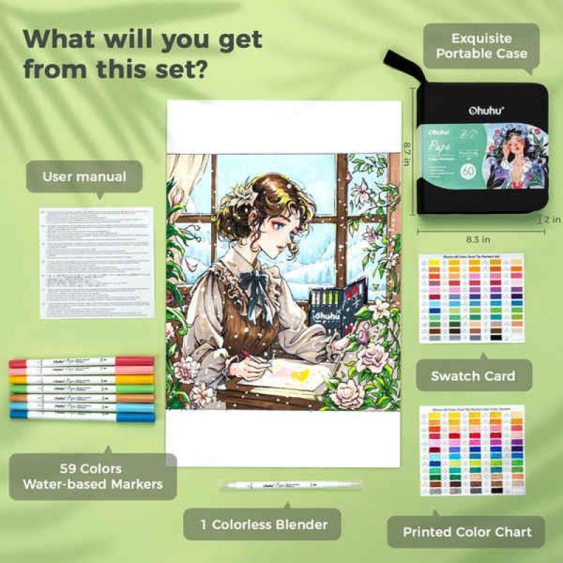 Ohuhu Σετ 60 Μαρκαδόρων Νερού Διπλής Μύτης Πινέλο-Λεπτή