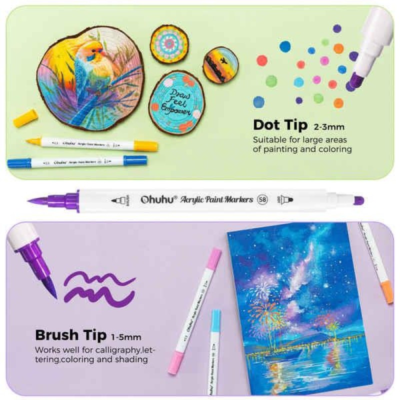 Ohuhu Akaka Σετ 72 Ανεξίτηλων Ακρυλικών Μαρκαδόρων Διπλής Μύτης Πινέλο - Στρογγυλή (Dot)