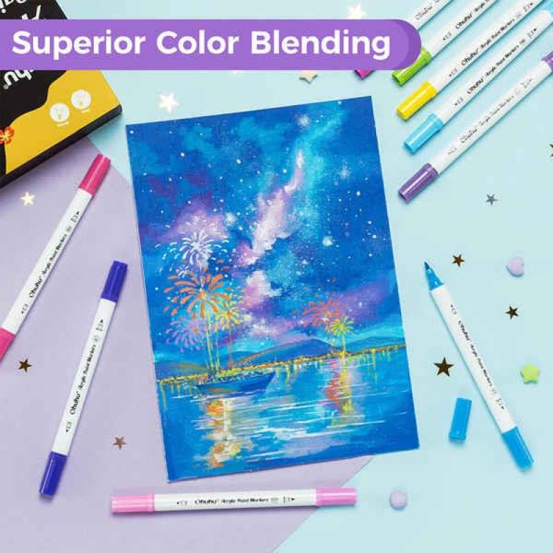 Ohuhu Akaka Σετ 72 Ανεξίτηλων Ακρυλικών Μαρκαδόρων Διπλής Μύτης Πινέλο - Στρογγυλή (Dot)