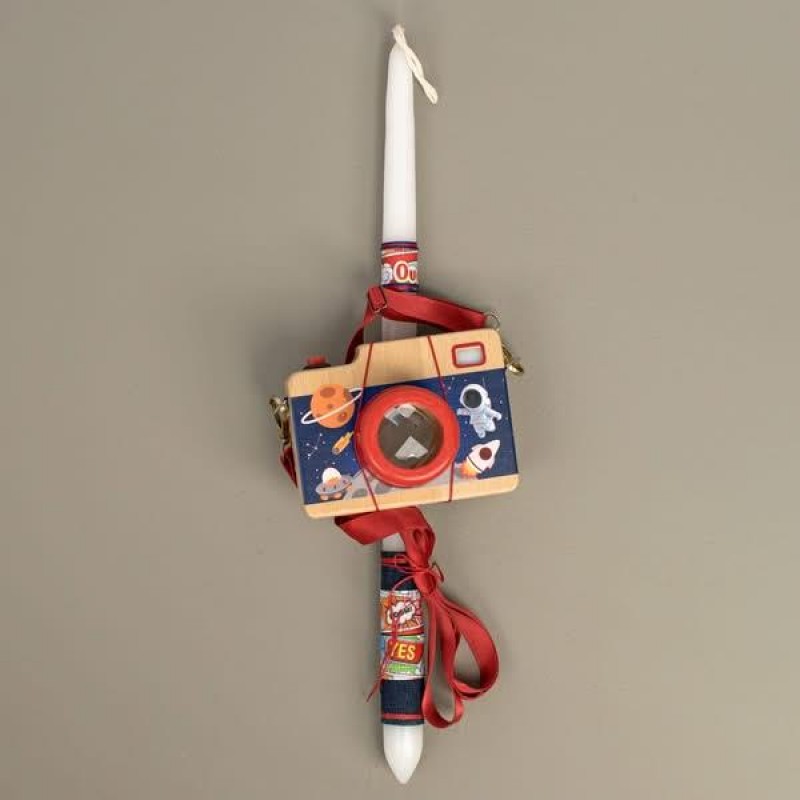 Λαμπάδα Λευκή με Ξύλινη Φωτογραφική Μηχανή