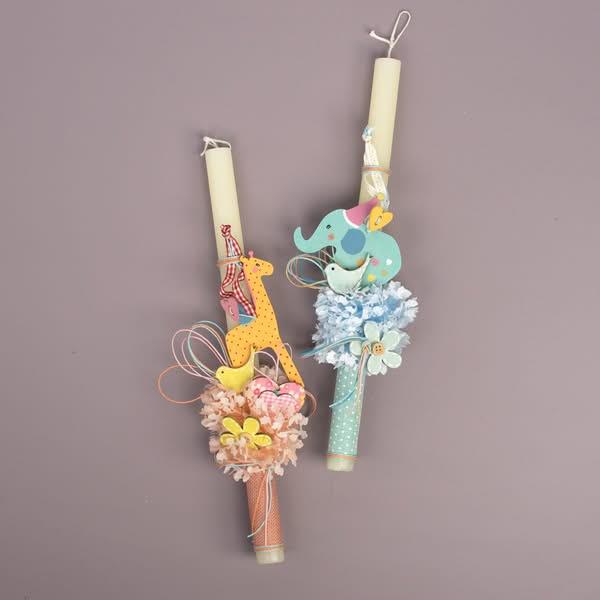 Λαμπάδα Λευκή με Ξύλινο Ζωάκι Καμηλοπάρδαλη - Ελέφαντας