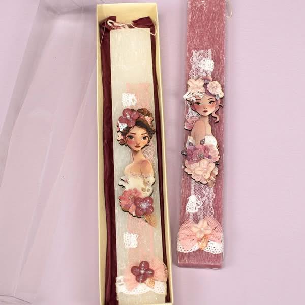 Λαμπάδα Πλακέ Κοντή Κορίτσι με Λουλούδια