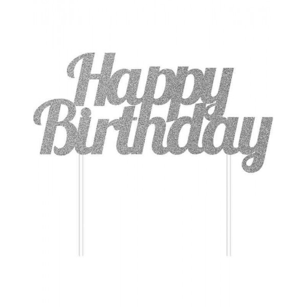 Cake Topper Ασημί Happy Bfirthday Glitter Cake Topper Ασημί Happy Bfirthday Glitter