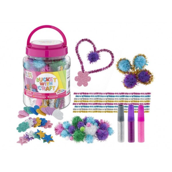 Κουβαδάκι με διάφορα υλικά χειροτεχνίας ρόζ Κουβαδάκι με διάφορα υλικά χειροτεχνίας ρόζ