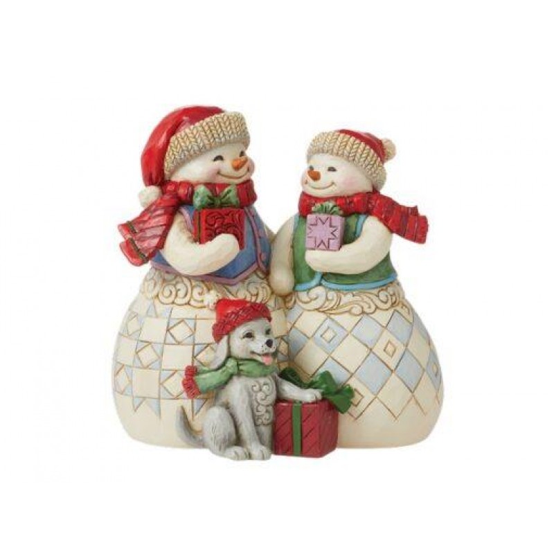 Snowman Couple with Puppy Figurine