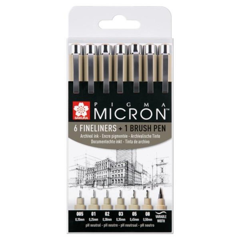 Pigma Micron Black Σετ 6 Fineliners +1 Black Brush pen