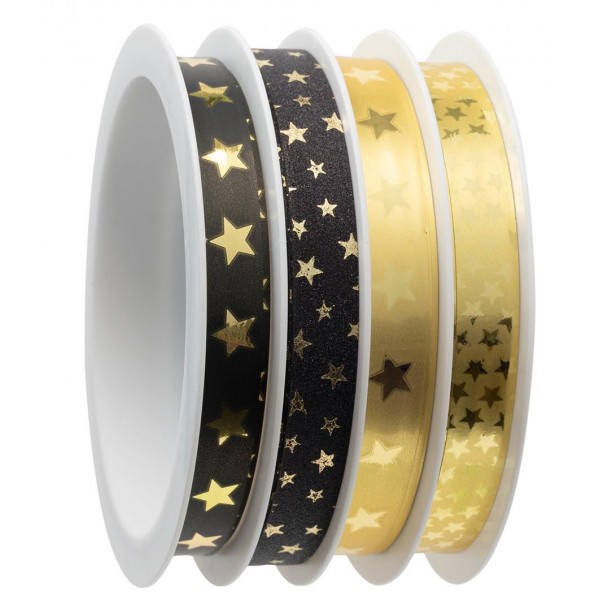 Σετ 4 κορδέλες 10mmx14m Αστεράκια Χρυσό-Μαύρο Σετ 4 κορδέλες 10mmx14m Αστεράκια Χρυσό-Μαύρο
