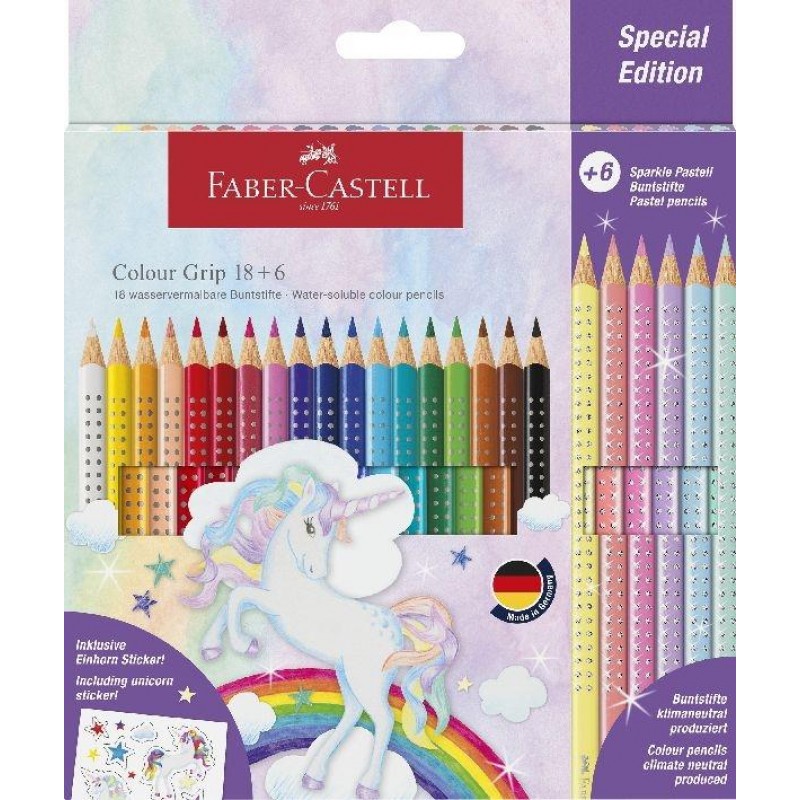 Faber Castell 18 Ξυλομπογιές + 6 Ξυλομπογιές Pastel Sparkle + Unicorn Stickers