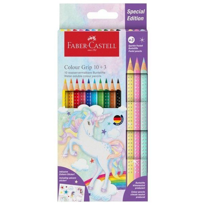 Faber Castell 10 Ξυλομπογιές + 3 Ξυλομπογιές Pastel Sparkle + Unicorn Stickers